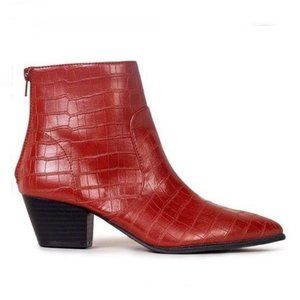 Pointed Toe Embossed Crocodile Booties - Brick Red